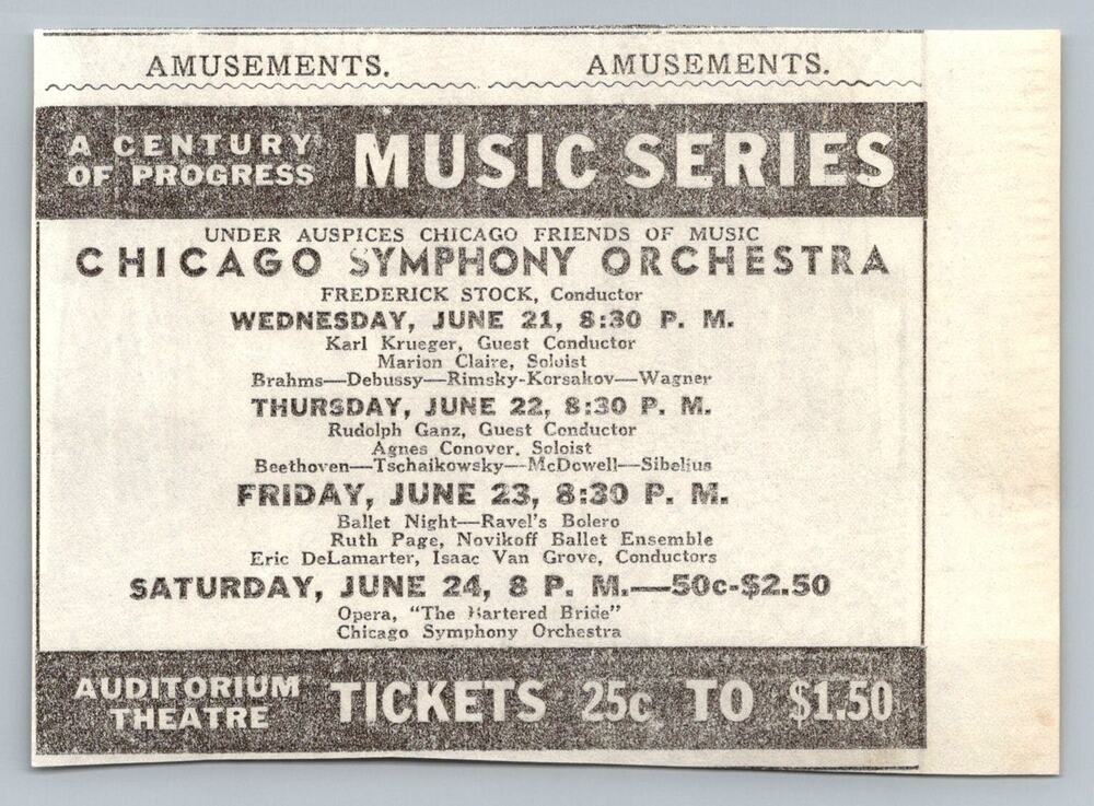 1933 Chicago Symphony Orchestra World's Fair Music Series Print Ad Ephemera